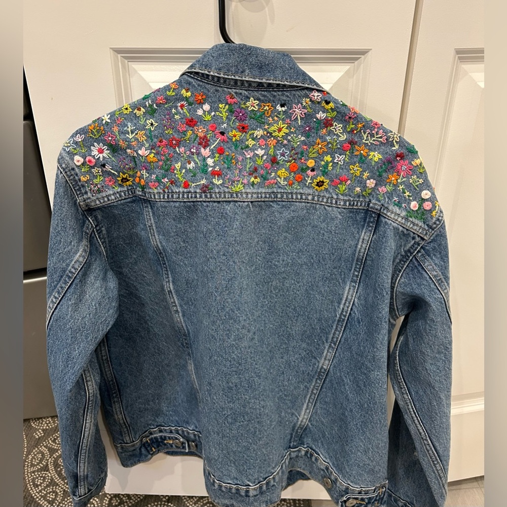 Old Navy Upcycled Denim Jacket with hand embroidered floral pattern large